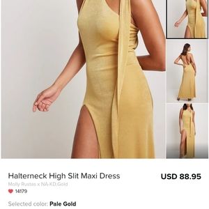 NWT Na-kd pale gold halterneck high slit maxi dress size M